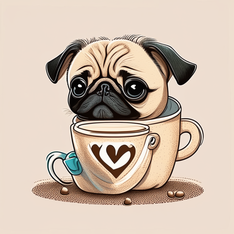 a Pug puppy drinking a latte with heart-shaped art, in a cartoon style