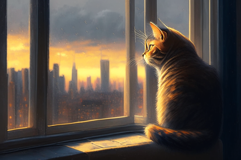 a cat sitting on a windowsill, looking out at the city skyline, with a warm, cozy atmosphere, oil painting style