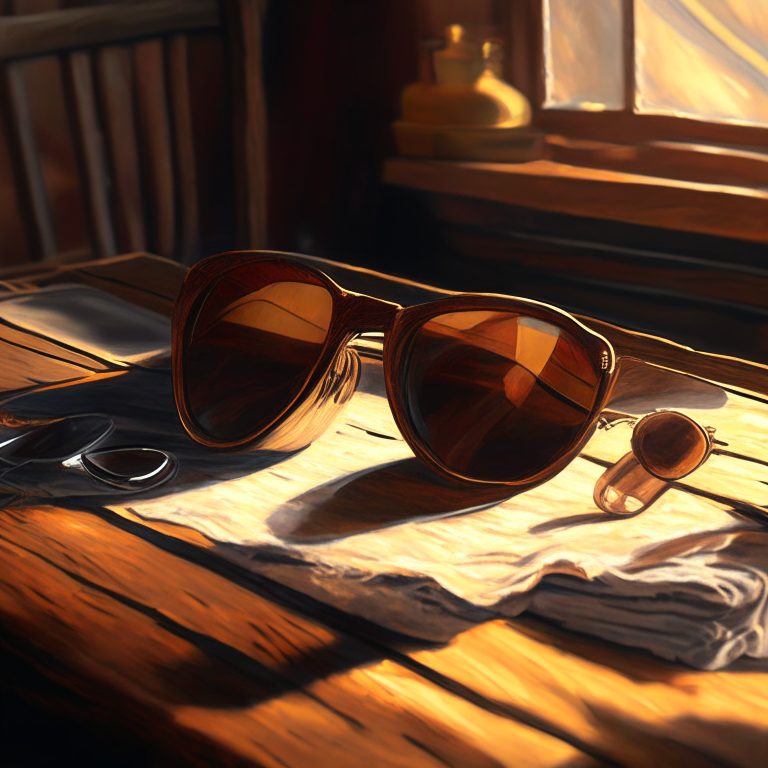 a pair of sunglasses on a wooden table, with a warm, cozy atmosphere, oil painting style