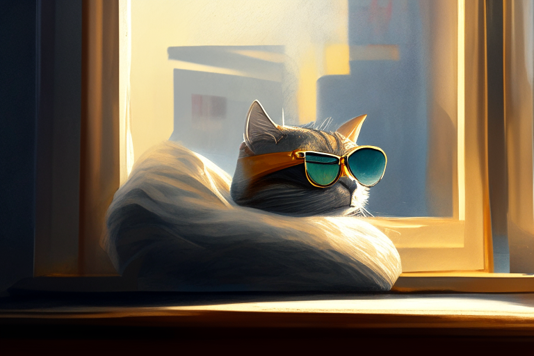 a cat wearing sunglasses and a surgical mask, sitting on a windowsill, with a warm, cozy atmosphere, oil painting style