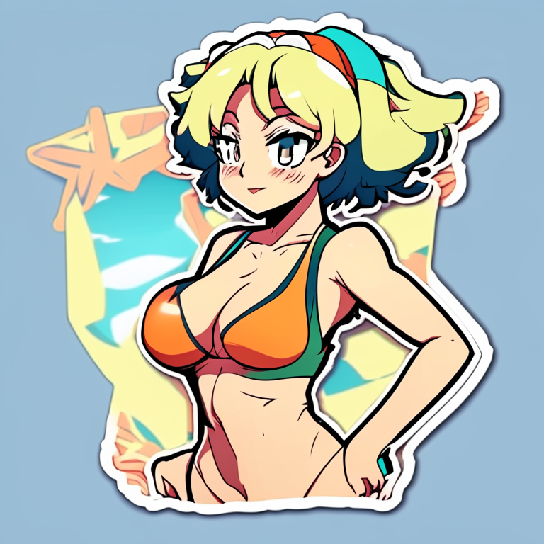 a cartoon woman wearing a swimsuit with a sticker in anime style against a solid background color