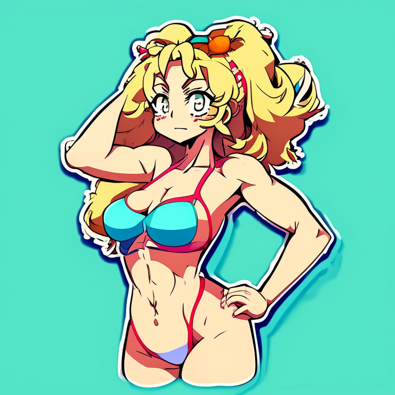 a cartoon woman wearing a swimsuit with a sticker in anime style against a solid background color