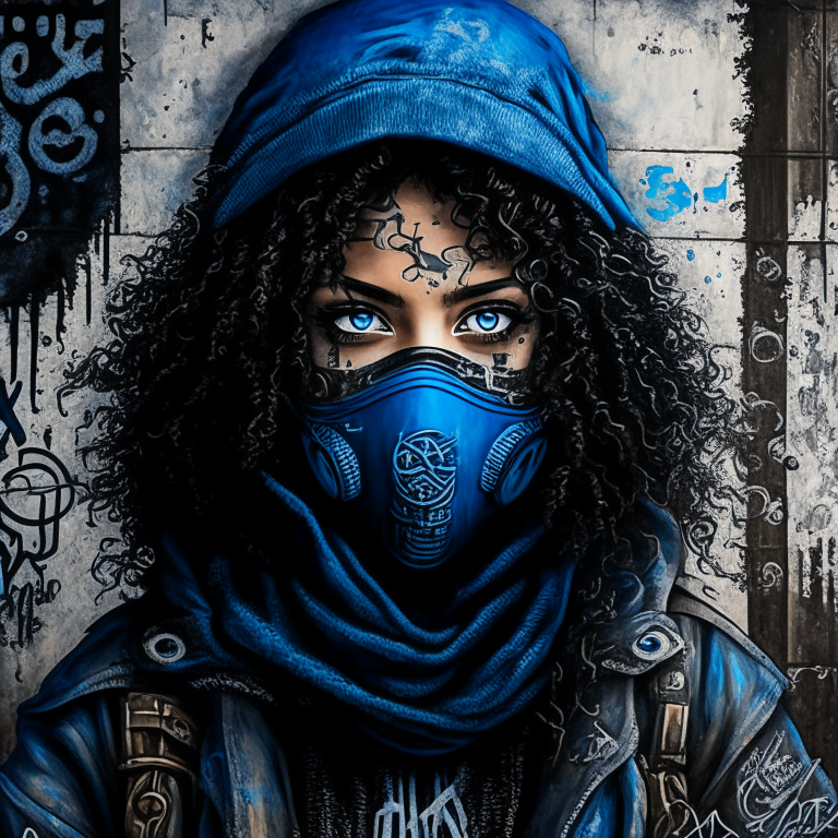 a highly detailed portrait of a steampunk student lady with blue eyes, a hoody, a beanie hat, a ninja face mask, and black curly hair against a dystopian graffiti tag wall background with a grunge aesthetic