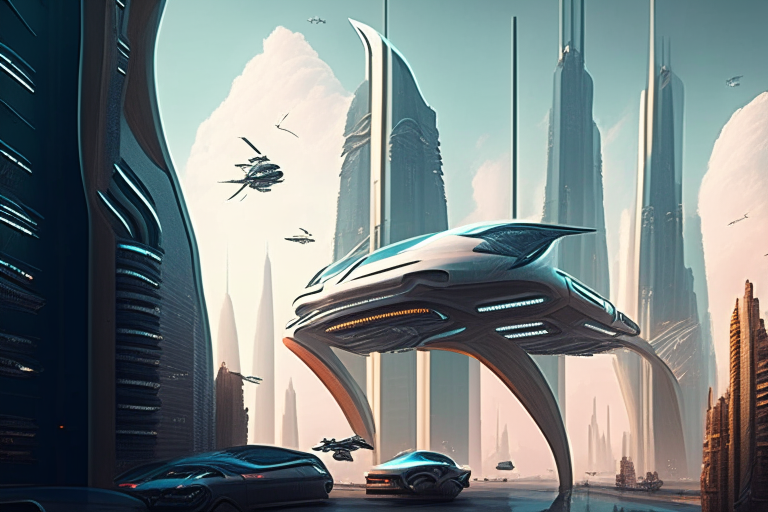 a futuristic city with tall buildings and flying cars