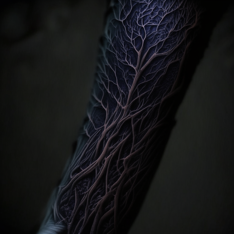 a closeup of a forearm with intricate details and hyper-realistic veins in a dark, night setting