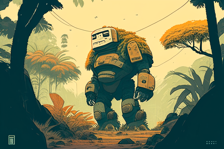 a Tokyo golem in a vintage, detailed illustration style, inspired by Simon Stålenhag, surrounded by a jungle and in the middle of the Dakar rally