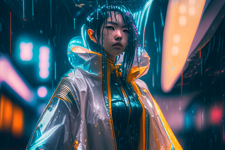 Kaori from Akira wearing a transparent raincoat and cybernetic parts, in a rainy Neo Tokyo photo shoot with a cyberpunk vibe