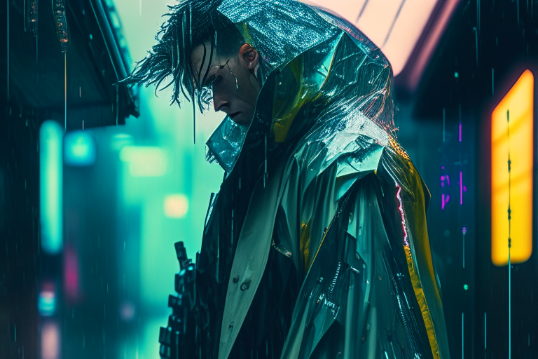 a male character in a transparent raincoat and cybernetic parts, in a rainy Neo Tokyo photo shoot with a cyberpunk vibe