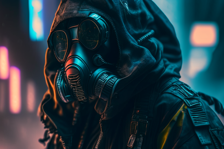 a person wearing cyberpunk intricate streetwear, a respirator, and a cinematic dramatic atmosphere with sharp focus and volumetric lighting