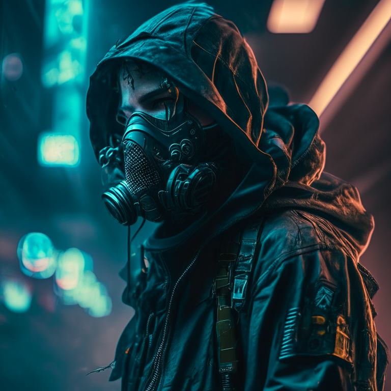 a person wearing cyberpunk intricate streetwear, a respirator, and a cinematic dramatic atmosphere with sharp focus and volumetric lighting