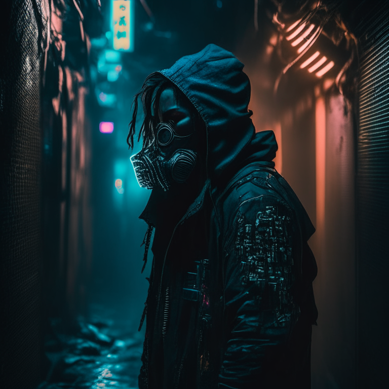 a person wearing cyberpunk intricate streetwear, a respirator, and a cinematic dramatic atmosphere with sharp focus and volumetric lighting, in a dark alley