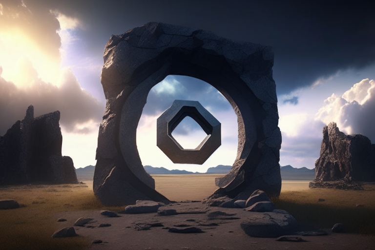 a stylized nether portal made of black rock, with the pi symbol in the center, set in a sunny outdoor location with rectangular clouds in the sky, octane render