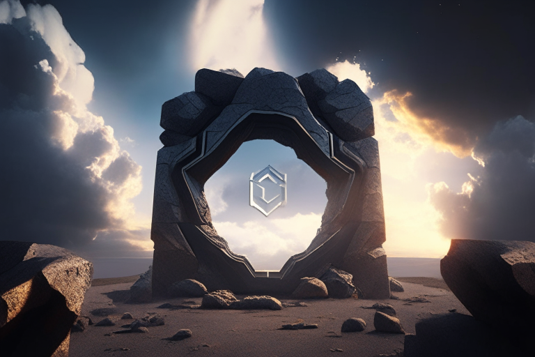 a stylized nether portal made of black rock, with the pi symbol in the center, set in a sunny outdoor location with rectangular clouds in the sky, octane render