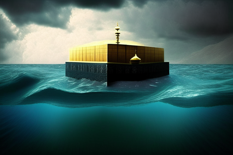 The Kaaba in the middle of the ocean The Kaaba floating in the ocean The Kaaba on a raft in the ocean