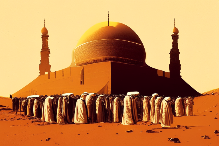 The Kaaba on Mars with pilgrims in a retro style. A retro-style image of the Kaaba on Mars with pilgrims