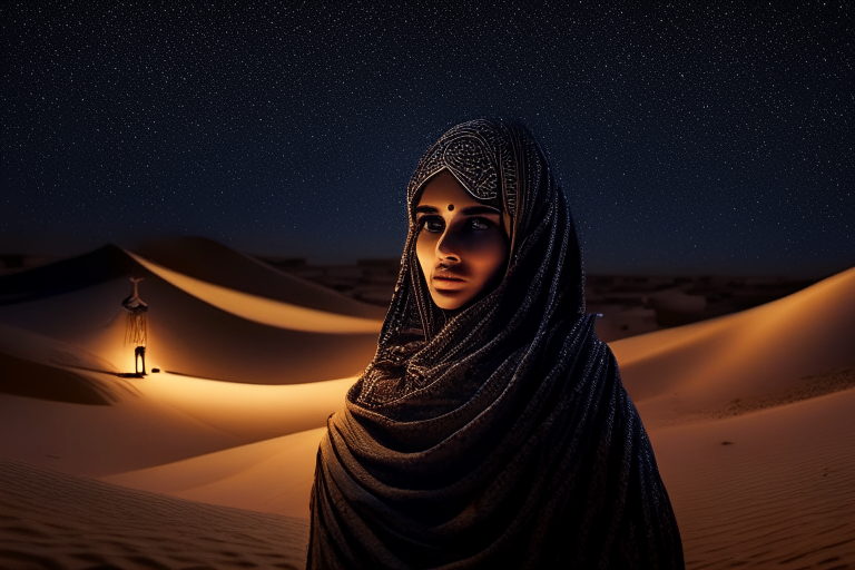 A beautiful girl in an abaya in the Saudi desert at night. A stunning girl in traditional clothing in the Saudi desert at night