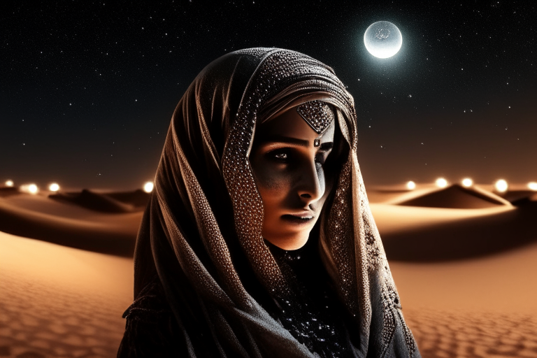 A passionate girl in the Saudi desert with tribal jewelry and stars and the moon in the background