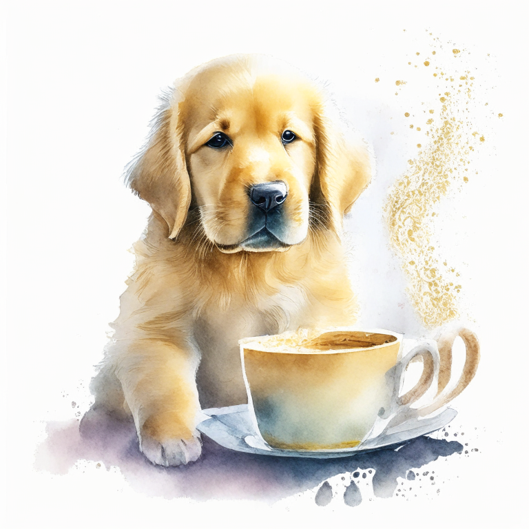 a Golden Retriever puppy drinking a latte with heart-shaped art, in a watercolor painting style