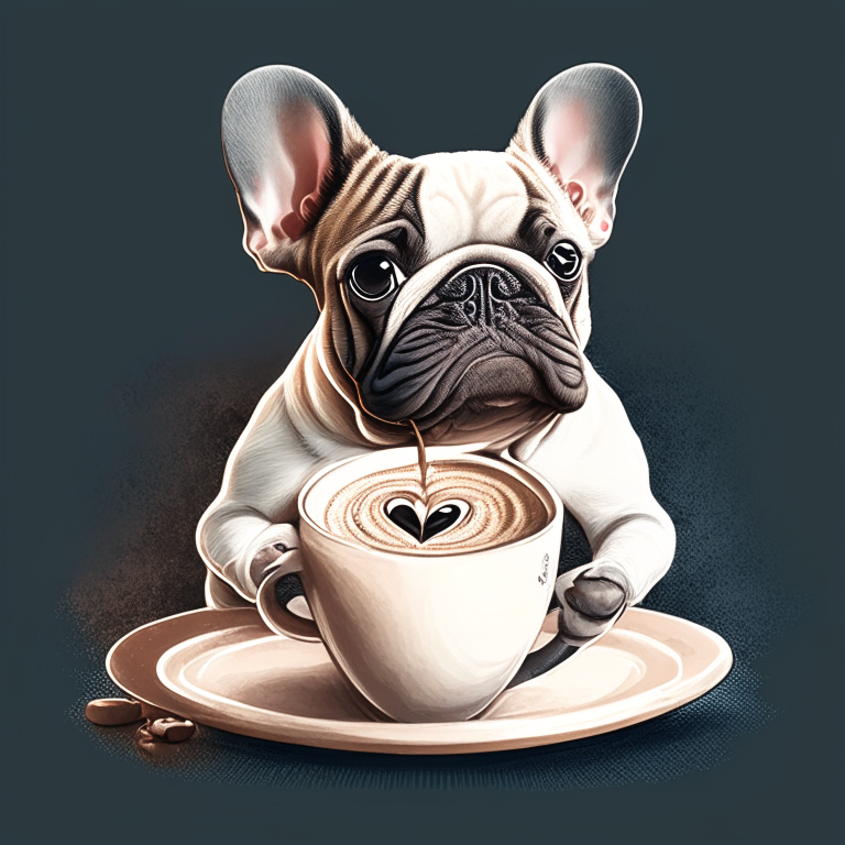 a French Bulldog puppy drinking a latte with heart-shaped art, in a digital illustration style