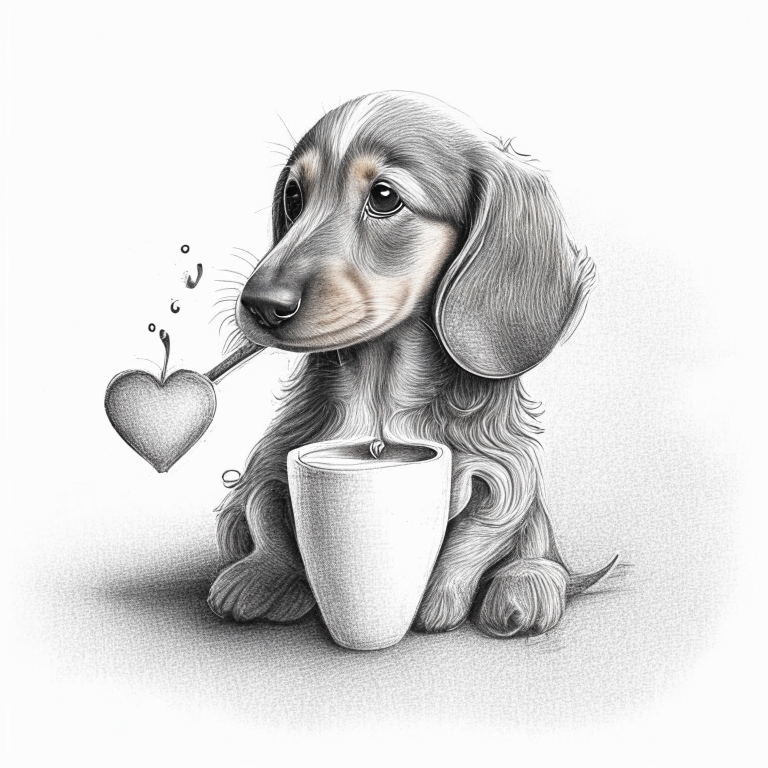 a Dachshund puppy drinking a latte with heart-shaped art, in a pencil sketch style