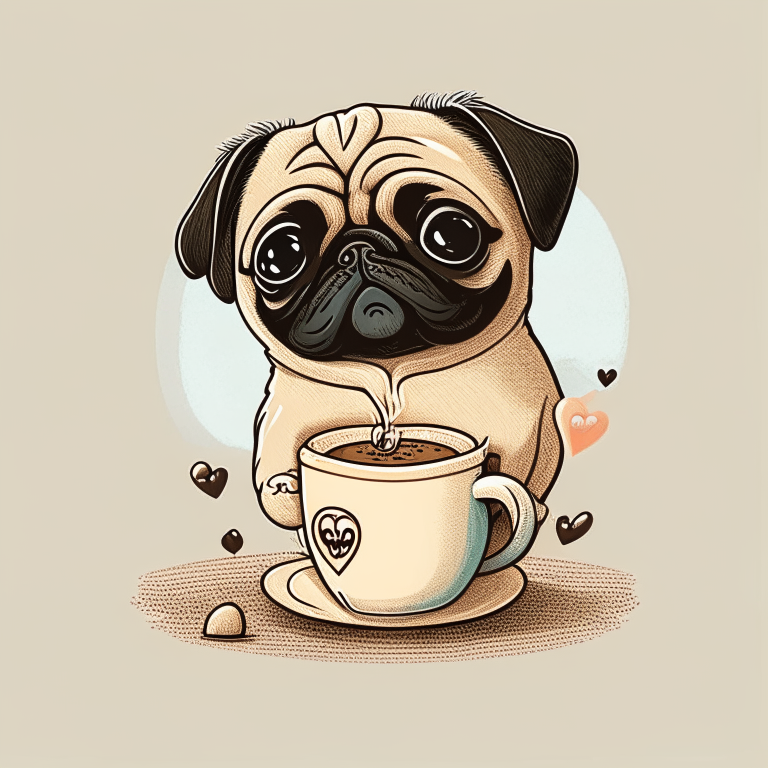 a Pug puppy drinking a latte with heart-shaped art, in a cartoon drawing style