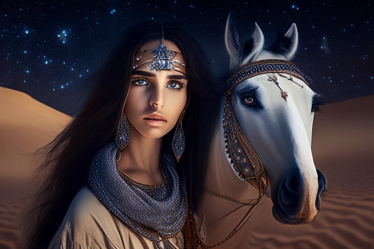 A beautiful girl with stunning eyes standing in the Saudi desert near tents with stars and moon, wearing jewelry and standing next to her horse