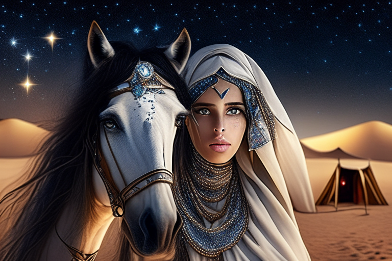 A beautiful girl with stunning eyes standing in the Saudi desert near tents with stars and moon, wearing jewelry and standing next to her horse with tents in the background