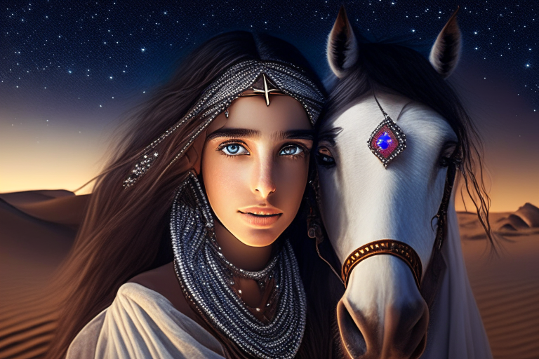 A beautiful girl with stunning eyes standing in the Saudi desert near tents with stars and moon, wearing jewelry and standing next to her horse with a smile of love on their faces