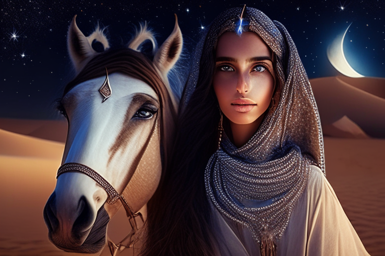 A beautiful girl with stunning eyes standing in the Saudi desert near tents with stars and moon, wearing jewelry and standing next to her horse with a smile of love on their faces, showing their full bodies