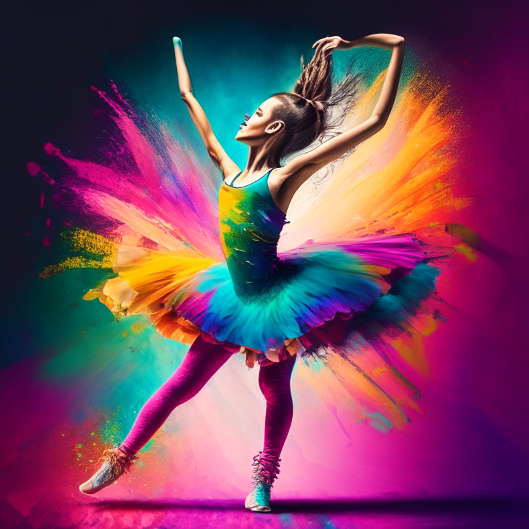 A beautiful girl in dance clothes, standing in front of a colorful background