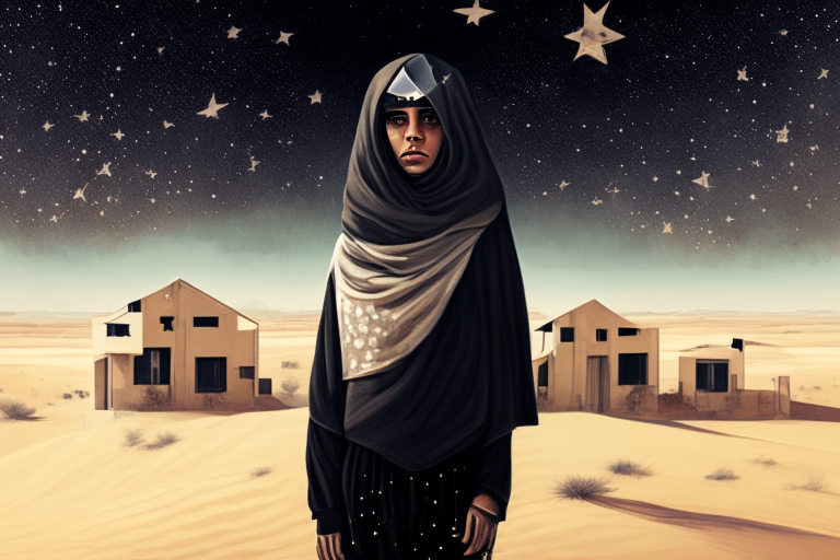 A modern girl standing in the Saudi desert with her three houses and stars in the background