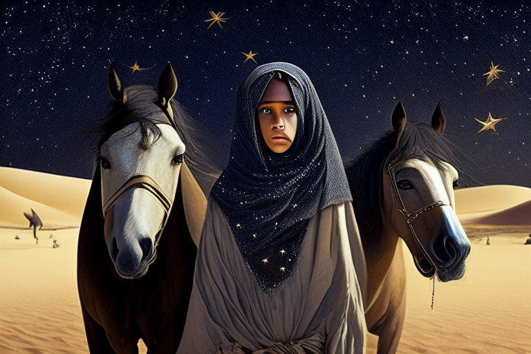 A girl in the Saudi desert with her three horses and stars in the background