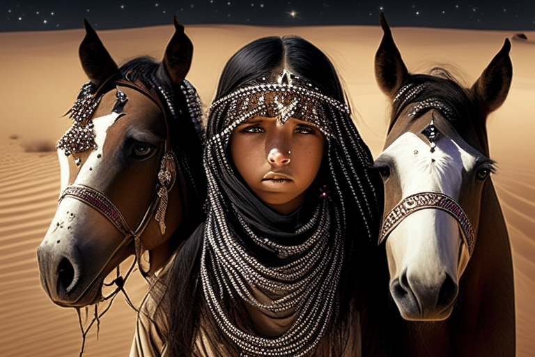 A girl in the Saudi desert with her three horses, wearing tribal jewelry and stars in the background