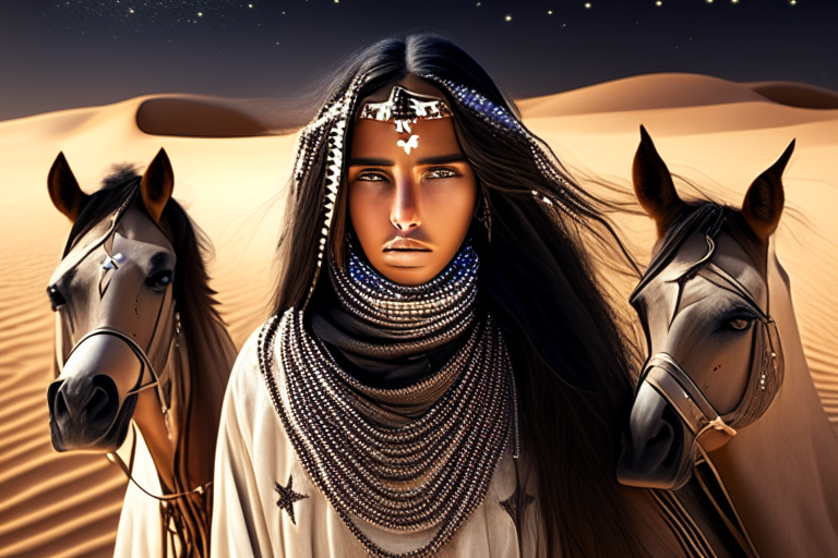 A beautiful girl in the Saudi desert with her three horses, wearing tribal jewelry and stars in the background