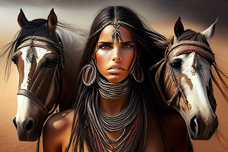 a beautiful girl wearing tribal jewelry with her three horses in a desert storm