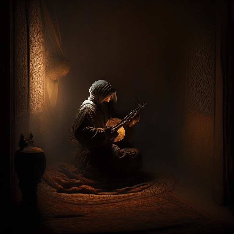 a person playing an oud in a dimly lit room