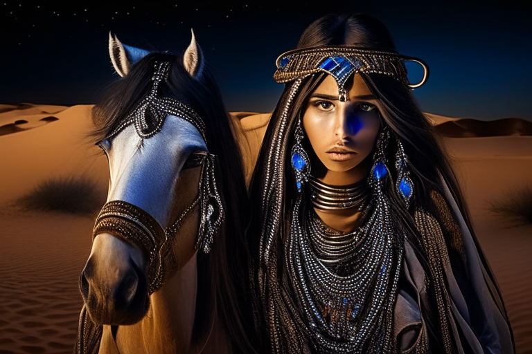 two beautiful and exotic tribal girls with jewelry in the Saudi desert with three horses at night