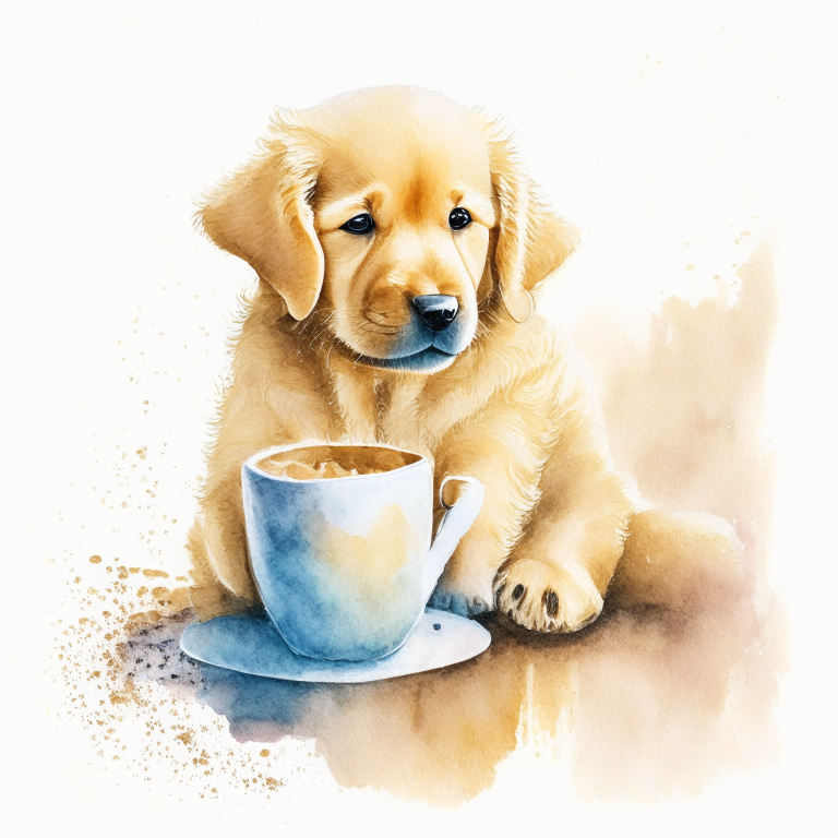 a Golden Retriever puppy drinking a latte with heart-shaped art, watercolor painting