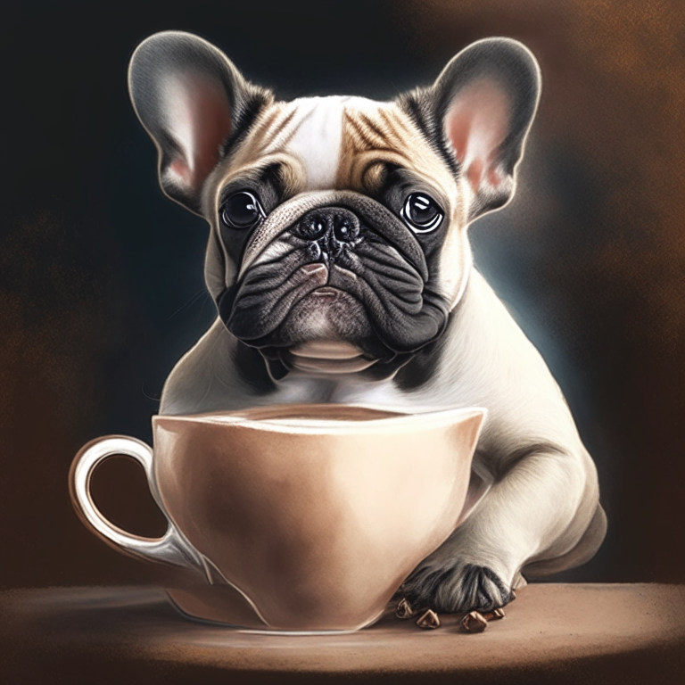 a French Bulldog puppy drinking a latte with heart-shaped art, digital painting