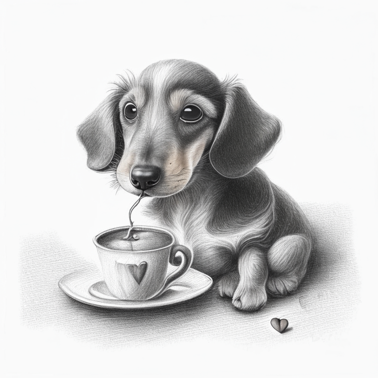 a Dachshund puppy drinking a latte with heart-shaped art, pencil sketch
