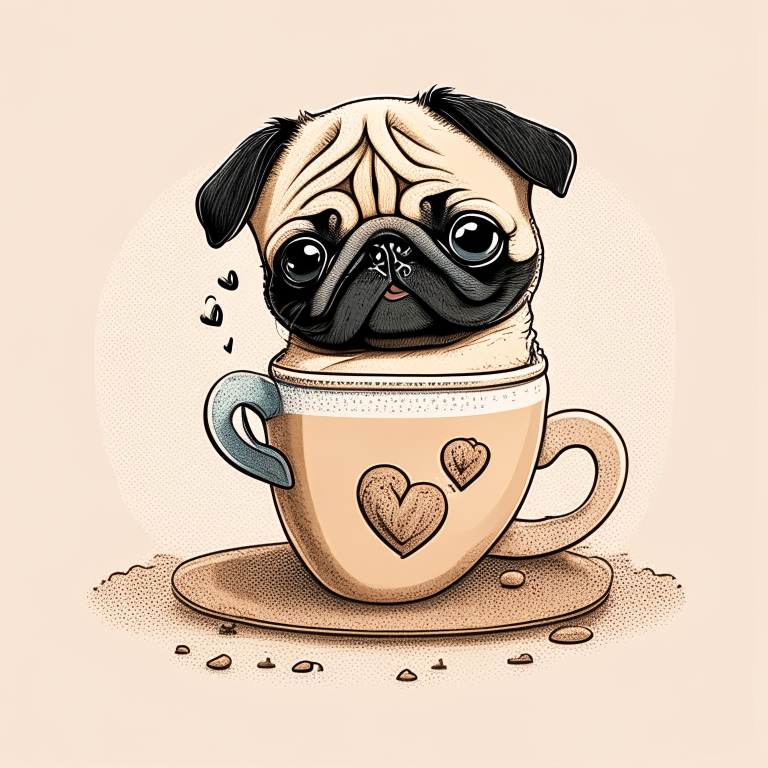 a Pug puppy drinking a latte with heart-shaped art, cartoon drawing