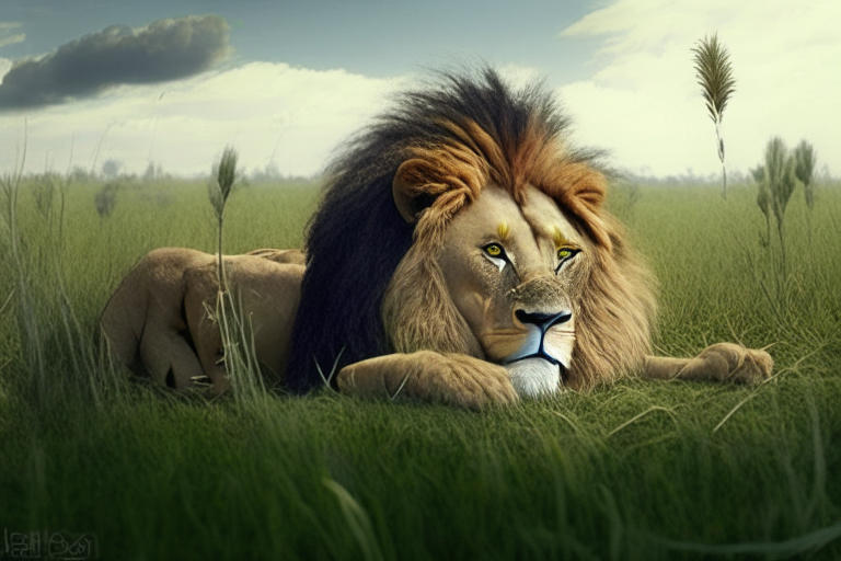 Un león descansando en la sabana con el pasto moviéndose
