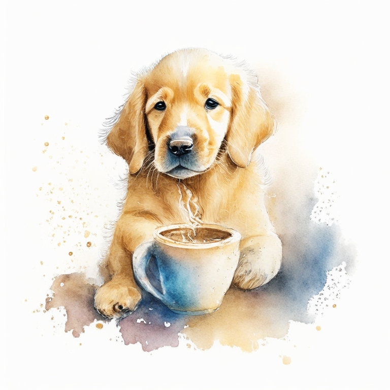 a Golden Retriever puppy drinking a latte with heart-shaped art, in a watercolor style