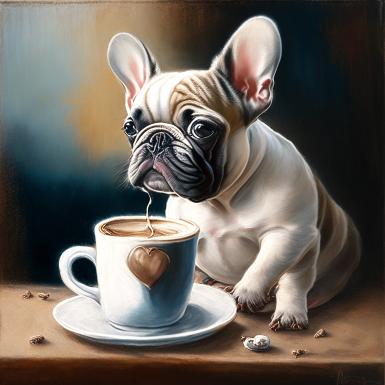 a French Bulldog puppy drinking a latte with heart-shaped art, in an oil painting style