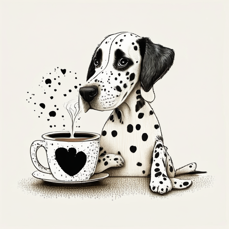 a Dalmatian puppy drinking a latte with heart-shaped art, in a sketch style