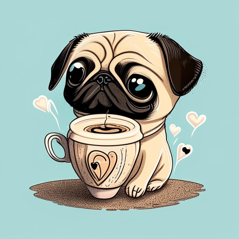 a Pug puppy drinking a latte with heart-shaped art, in a cartoon style