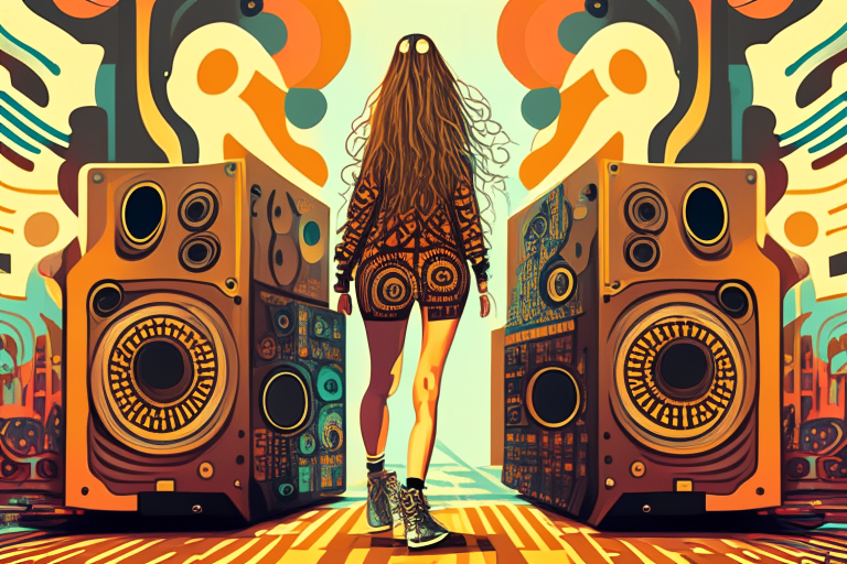 a beautiful hippie woman in patterned leggings walking towards a huge massive synthesizer in a retro-style painting