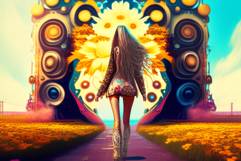 a beautiful hippie woman in flower power leggings walking towards a huge massive synthesizer in a surreal, masterpiece style