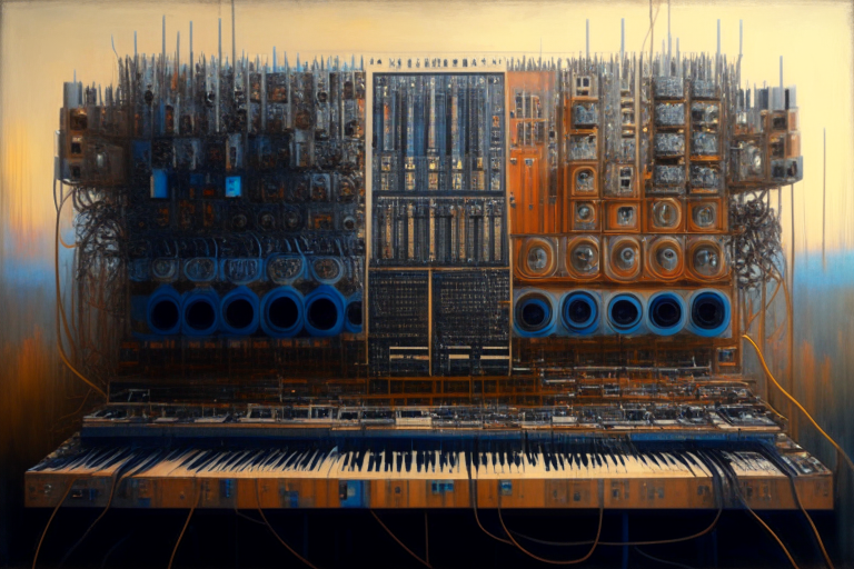 a realistic oil painting of a huge modular synthesizer