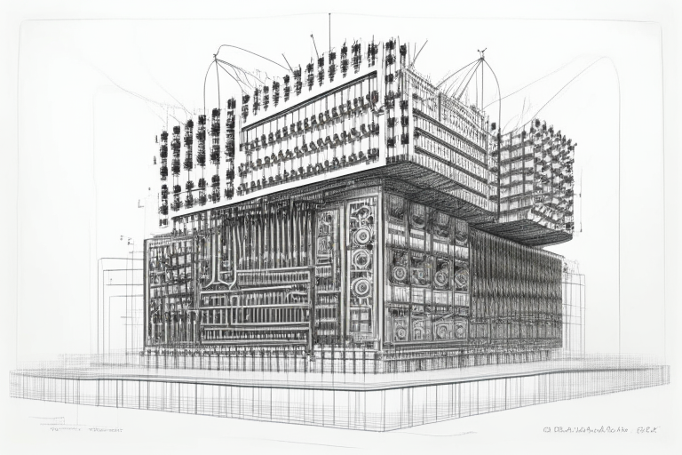 a black and white pencil sketch of a huge modular synthesizer